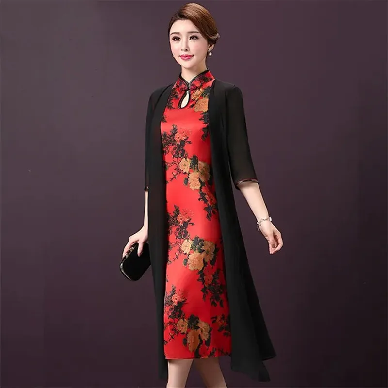 

Mother Imitation Silk Two Piece Dress Women's Spring Summer Dress Middle-aged Female Western Style Elegant Noble Cheongsam Dress