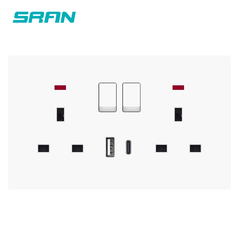 VISWE 13A dual UK usb socket 5V 2A, 2gang Wall Socket with switch Universal / UK Outlet, 86*146mm Ultrathin Plastic Panel