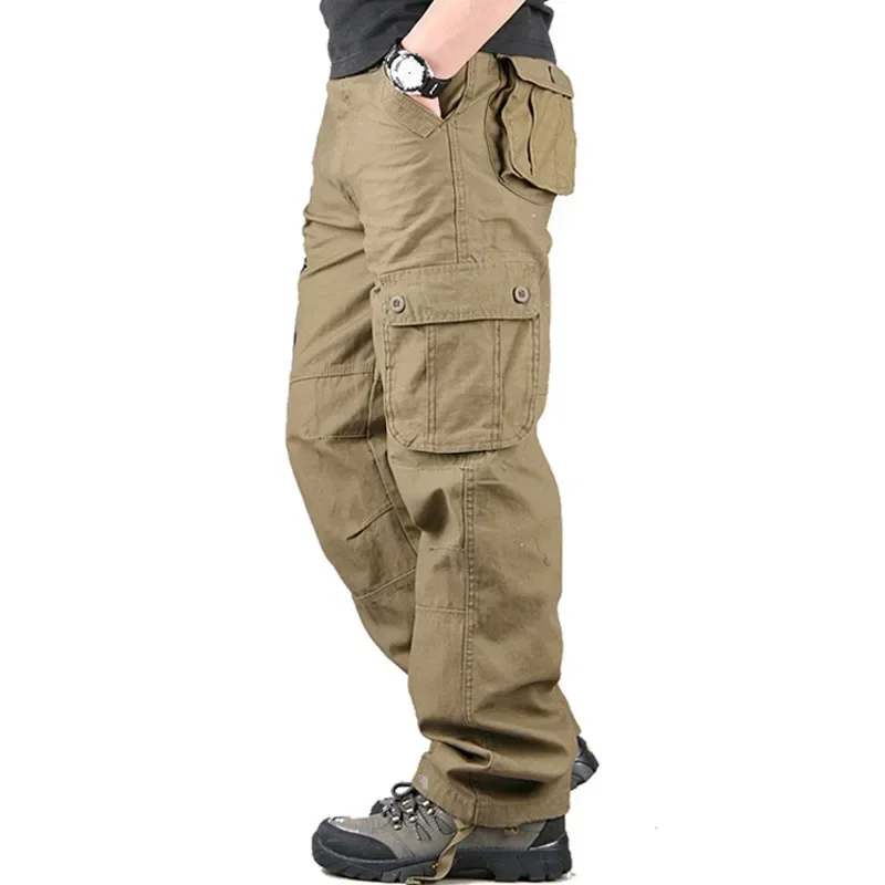 American style Men Solid Color Simple Basic Loose Multi Pockets Casual Trendy Straight Cargo Trousers Male Pants Bottom Clothes