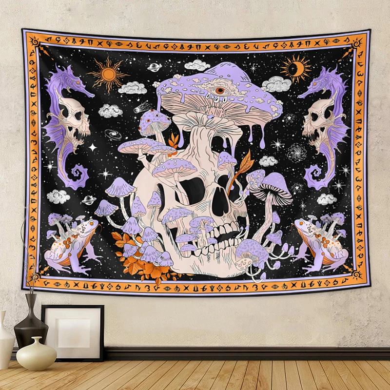 Large Size Gothic Skull Tapestry Human Skull Tapestry Moon Starry Sky Mushroom Bedroom Living Room Aesthetic Decoration