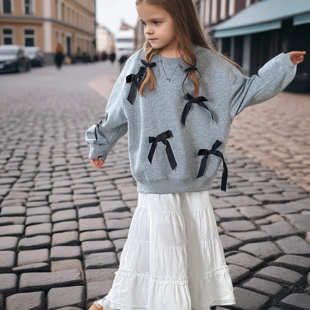 

Teen Girls Autumn Sweatshirt Set Grey Lace Bow Long Sleeve Top White Pleated Skirt Stylish 2-Piece Outfit for Kids 10 12 Years