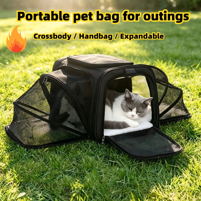 Large-sized cat bag for outdoor use, portable and expandable hand-held pet bag for small dogs