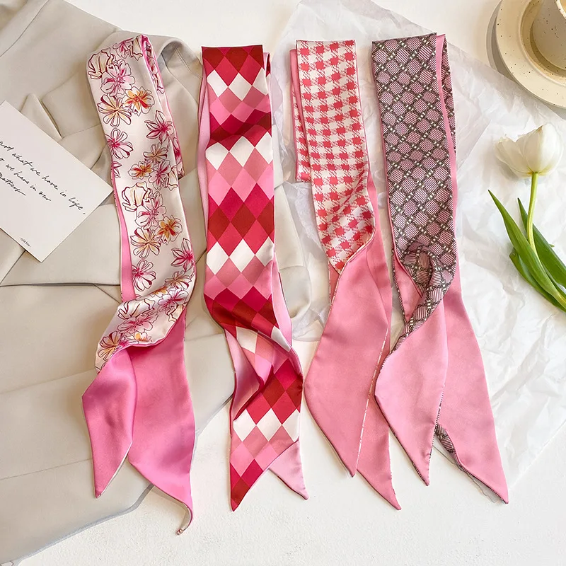 Pink Skinny Bag Ribbon Scarfs for Women 7*130cm Fashion Print Soft Satin Hairband Foulard Neckerchief Female Neck Tie Hair Scarf