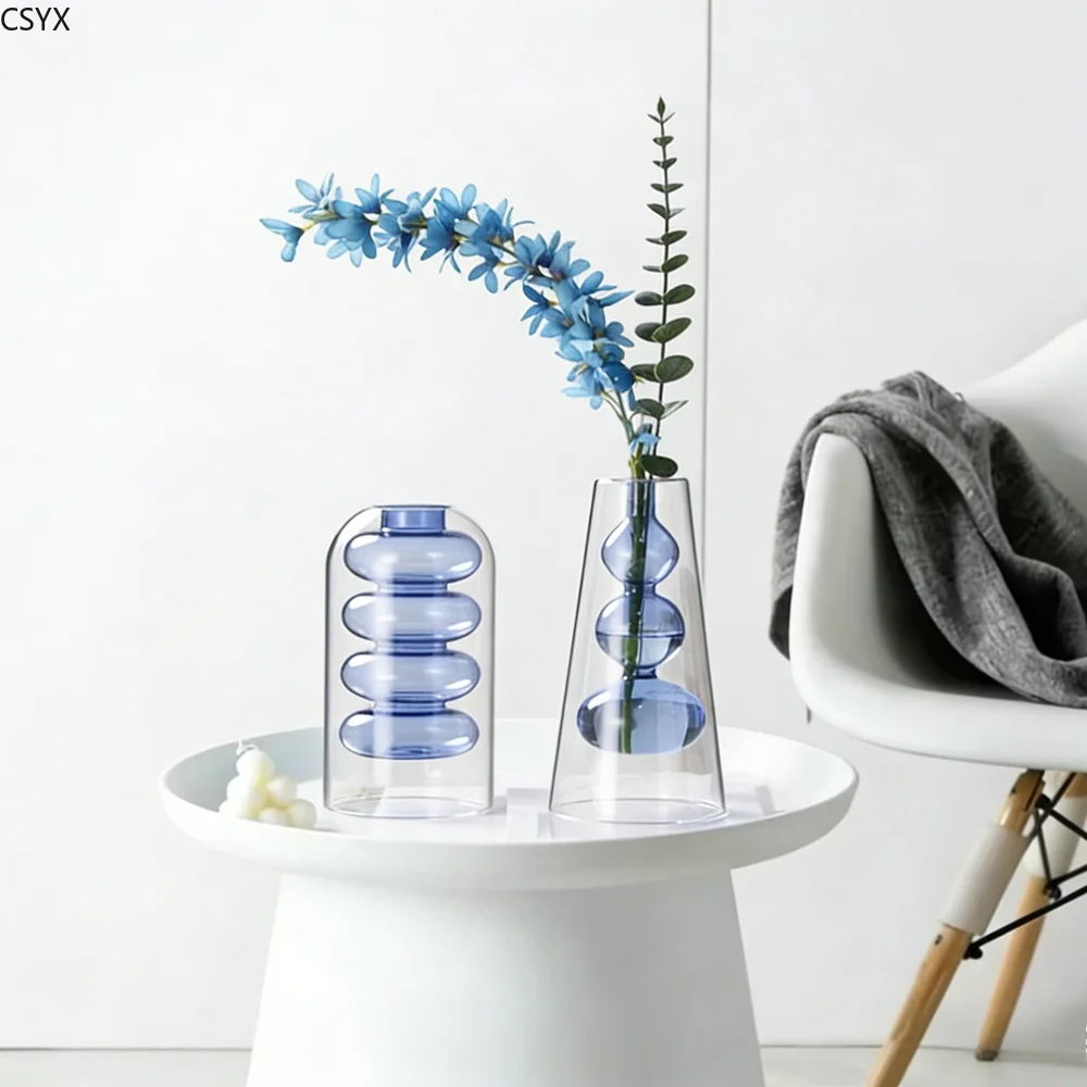 Creative Nordic Colorful Double-layer Glass Vase Transparent Hydroponic Dried Flower Vase Simple