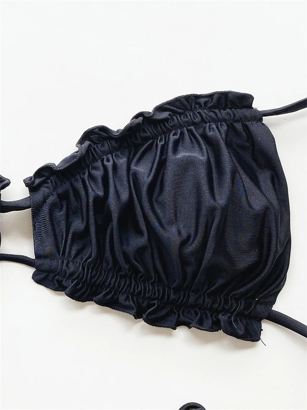 Sexy Black String Bikini Ruched Pleated Micro Swimsuit Extrem Backless Lace Up Vacation Swimwear Women Beach Outfit Bathing Suit