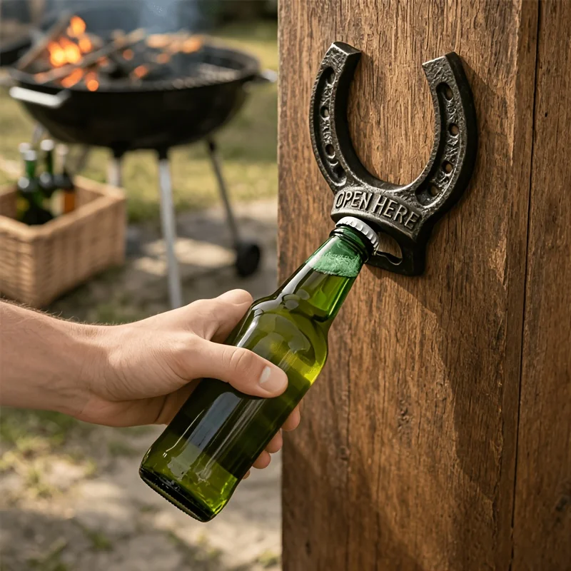 Rustic Cast Iron Horseshoe Bottle Opener Wall Mount Vintage Beer Cap Opener Antique Barware Home Kitchen Pub Decor Western Gift