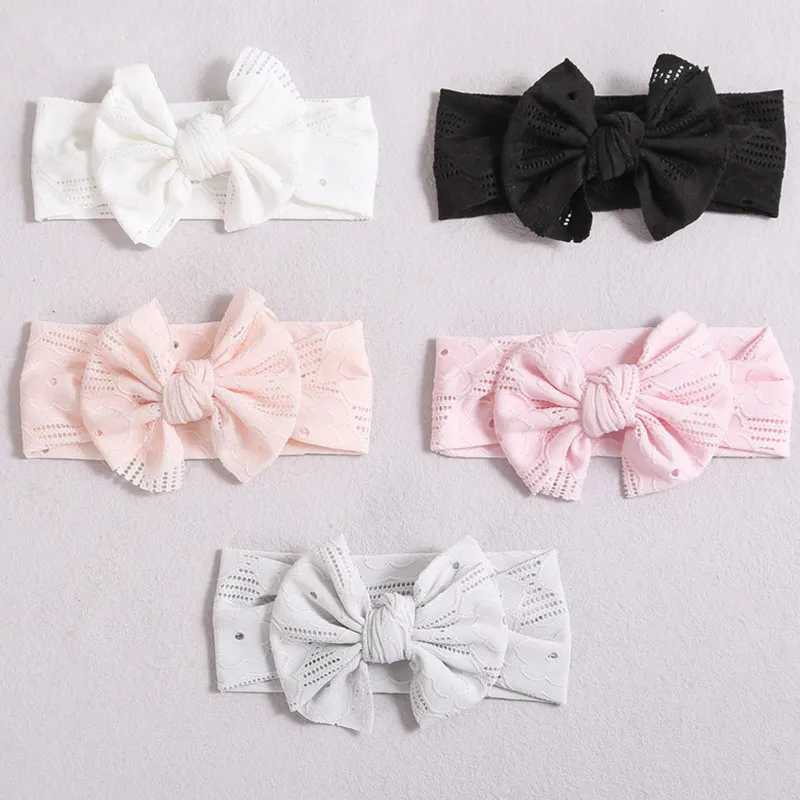 Hollow Bow Baby Headband Solid Color Nylon Elastic Wide Hairbands 0-2Year Boy Girl Bowknot Headdress Kids Hair Accessories image 3