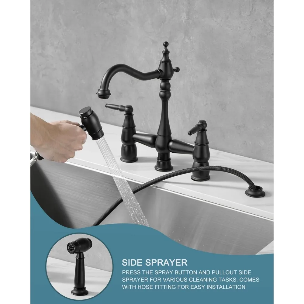 صنبور حوض المطبخ النحاسي المثبت على سطح السفينة مع بخاخ جانبي و360 °   تصميم دوار بمقبضين و4 فتحات #4