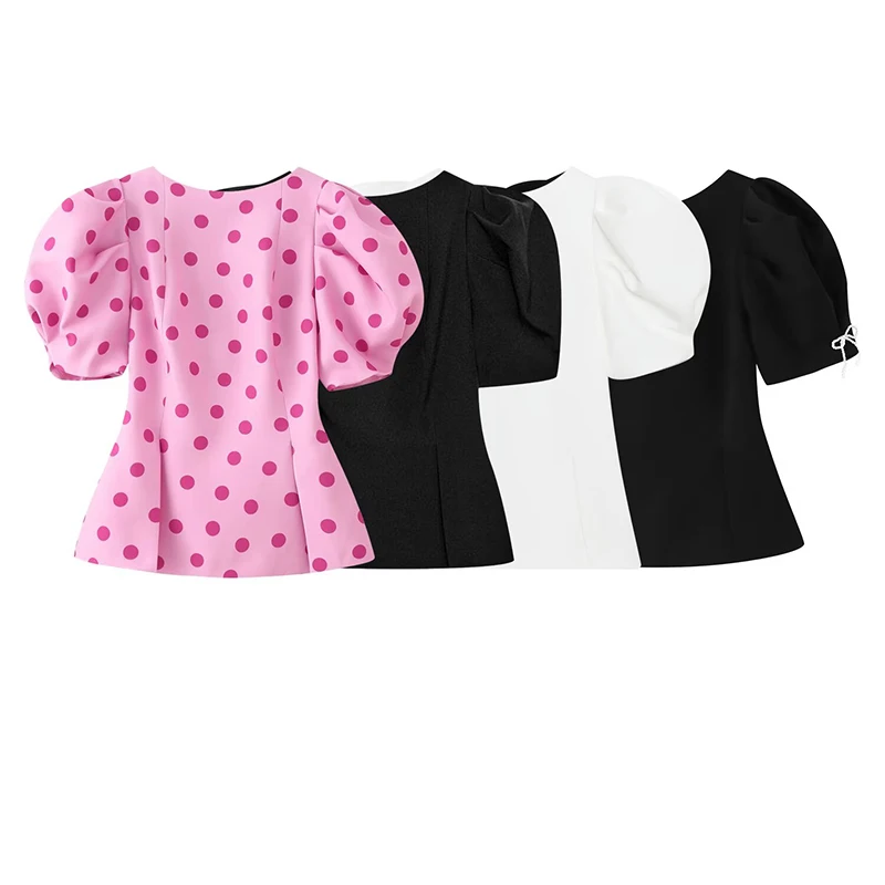 Willshela Women Fashion Backless Zipper Blouse Vintage O-Neck Short Puff Sleeves Female Chic Lady Shirts