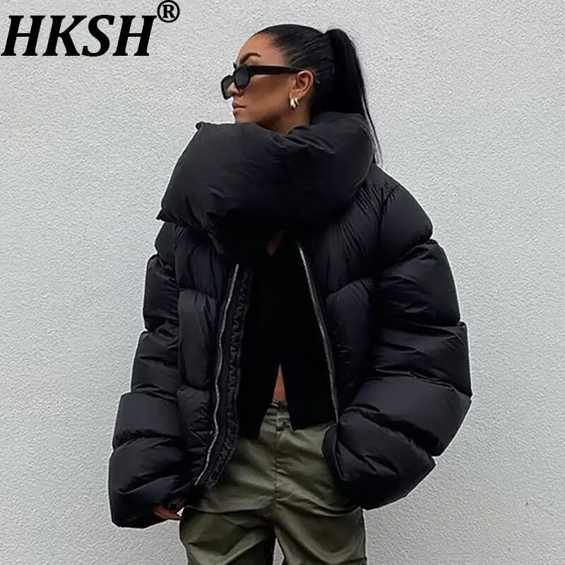 

HKSH Spring Autumn Winter Men Tide Women Chic Ins Y2K Scarf-Collar Padded Coats Russian Style Button Warm Zipper Jackets HK14856
