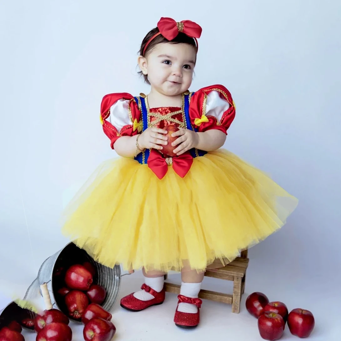 

Snow White Baby Party Girls Dress 2PCS Carnival Big Bow Toddler Tulle 1st Birthday Princess Wedding Dresses Bridesmaids Costumes