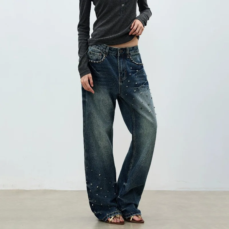 American Retro Studded Jeans For Women Men Unisex Y2k Grunge Wide Leg Slight Flare Denim Pants Streetwear Slimming Trousers