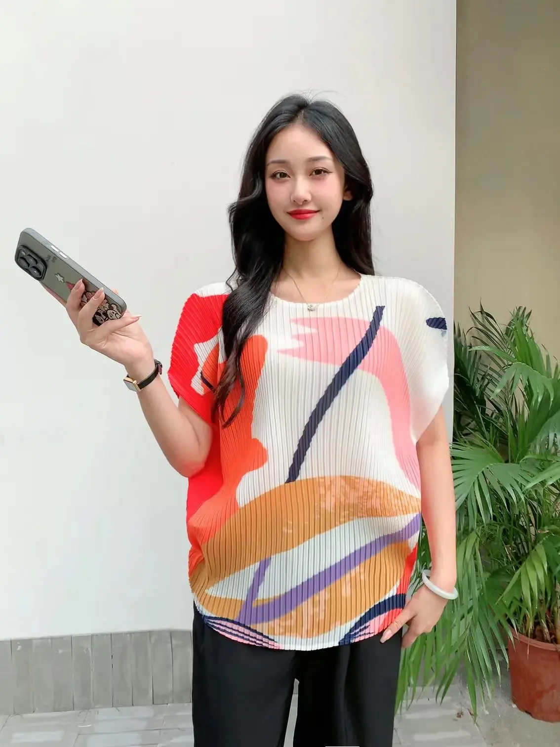 Miyake Pleated T-shirt Women 2024 Summer Versatile Printing Commuting Casual High-end Fashion Thin Section Short-sleeved Tops