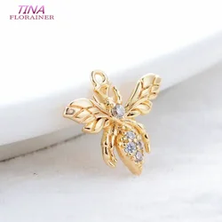 6PCS 12x14MM 14K Real Gold Color Plated and Zircon Bee Charms Pendants Jewelry Making Supplies Diy Accessories