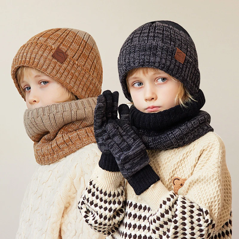 Conjunto de guantes de invierno para niños, gorro cálido, gorros, calentador de cuello, guantes antideslizantes, gorro para niños, regalo para niños