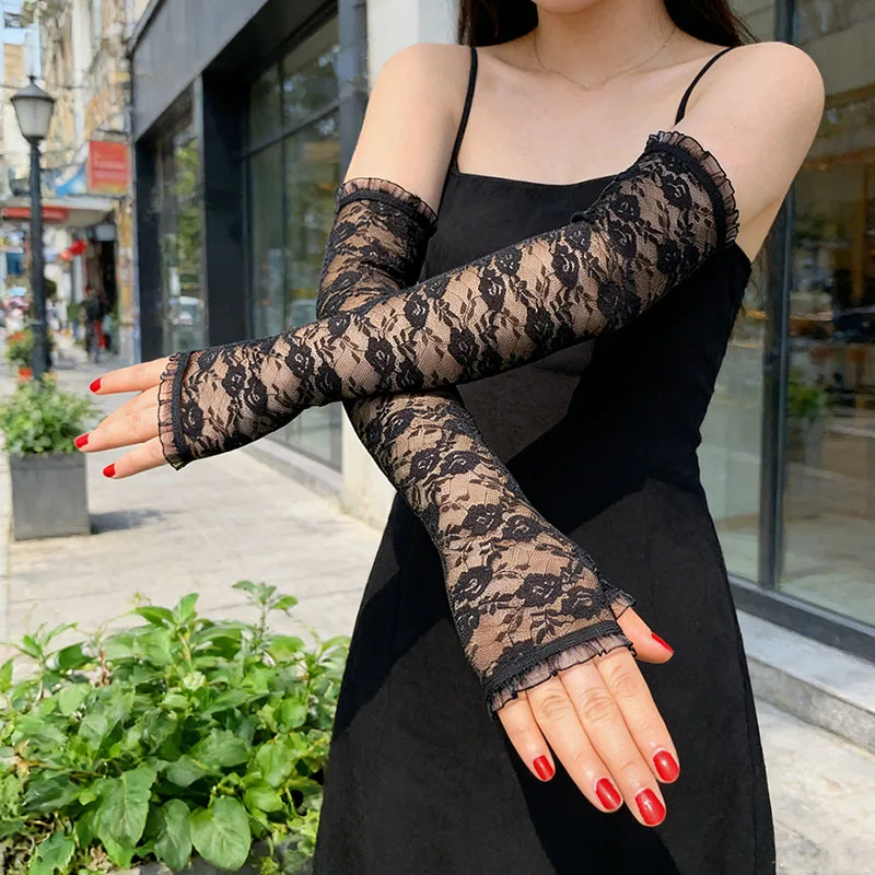 

Fashion Lace Hollow-Out Fingerless Gloves Sun Protection Sleeves Mesh Thin Cycling Sexy Accessories Black Bare Finger Gloves