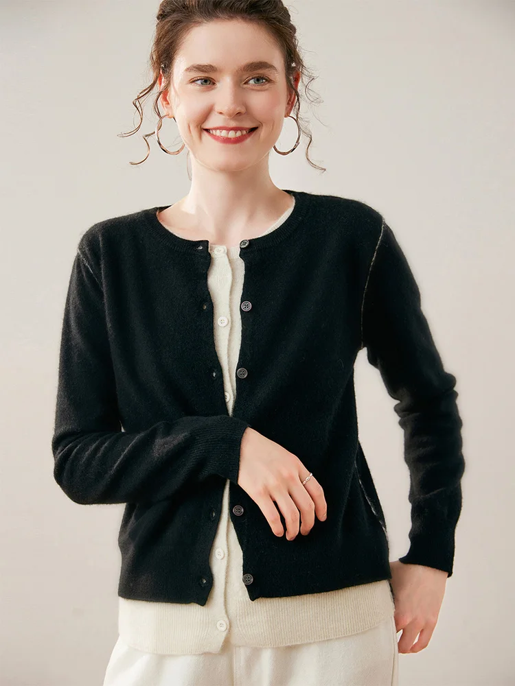 2025 nouvelles femmes pull en cachemire col rond boutons Cardigan 100% cachemire tricots automne hiver vêtements hauts conception de blocage de couleur