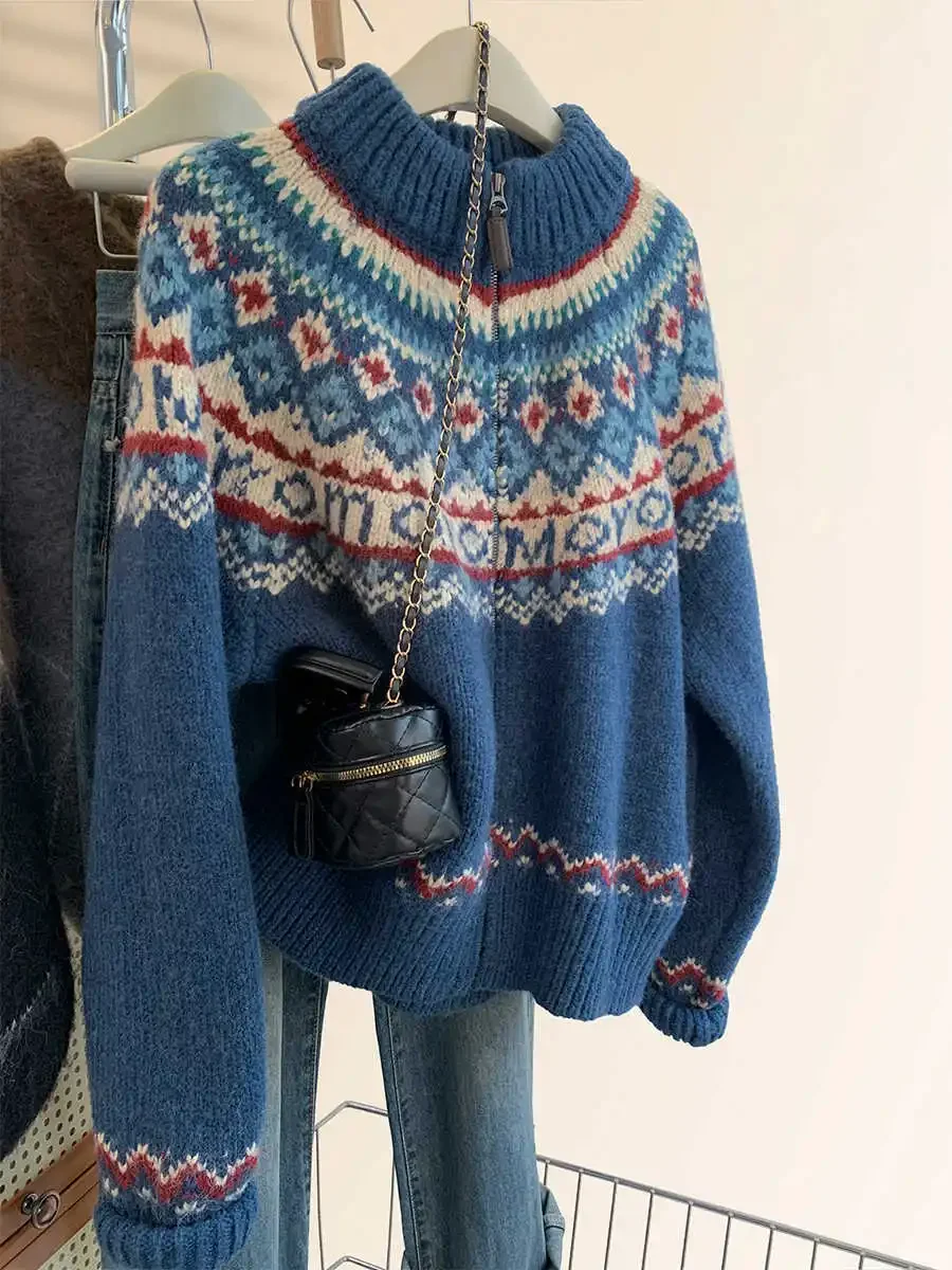 

Blue Retro Pattern Zipper Knitted Sweater Spring Autumn Christmas Loose Versatile Women's Long Sleeved Knitted Cardigan