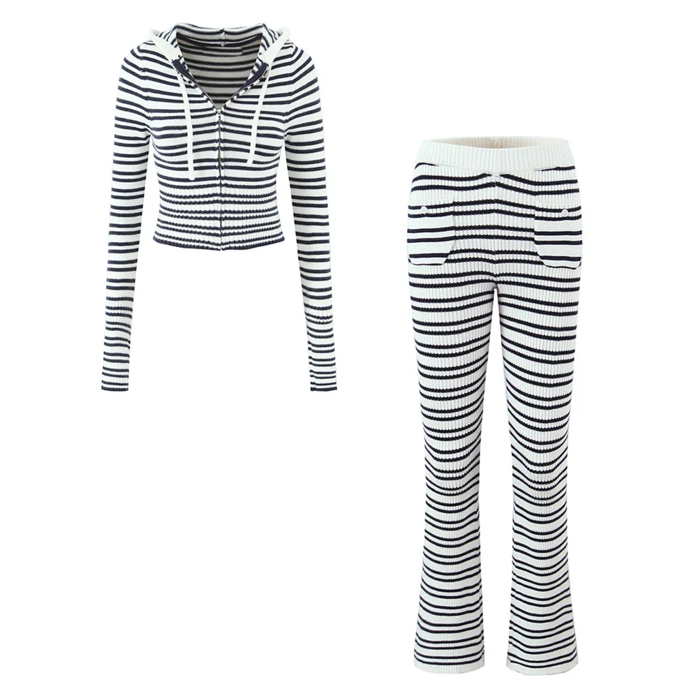 

Women's Fashion Striped Knitted Casual Zipper Hoodie Summer New High Waist Slimming Hip hugging Pants
