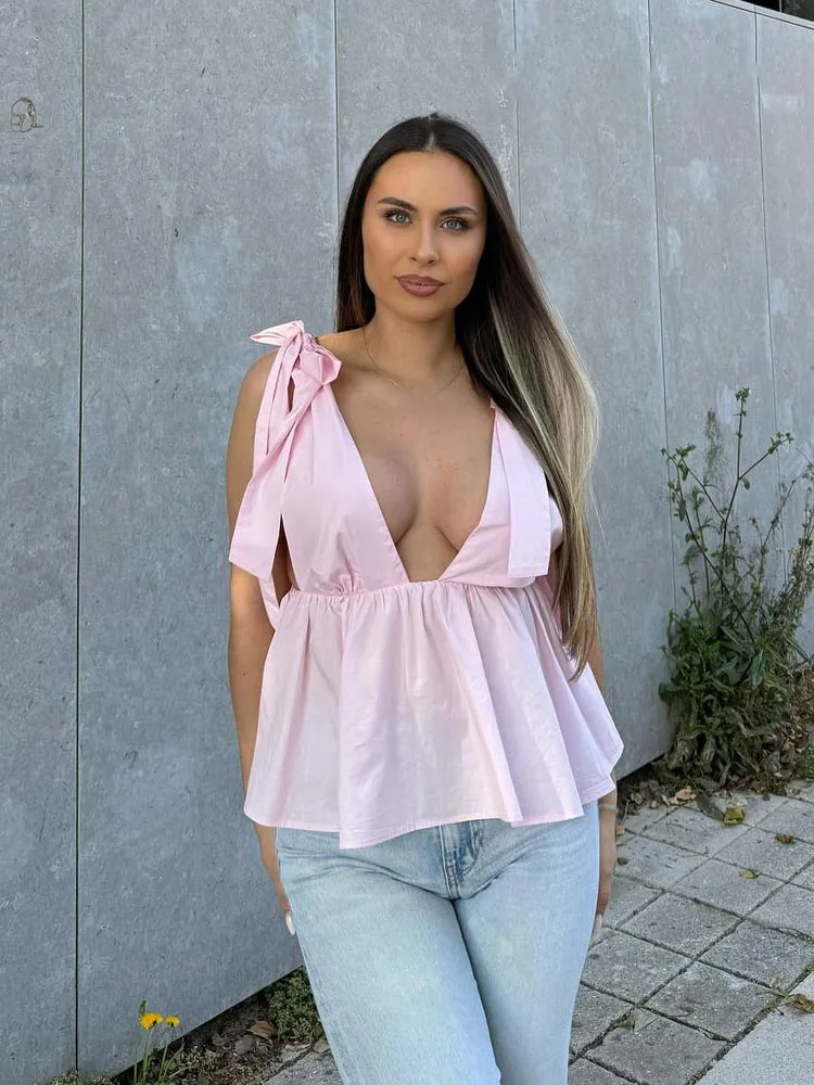 

HH женские летние сексуальные топы без рукавов с открытой спиной и глубоким v-образным вырезом, женские белые топы с бантом и морщинами, украшенные элегантным повседневным топом, 2 цвета