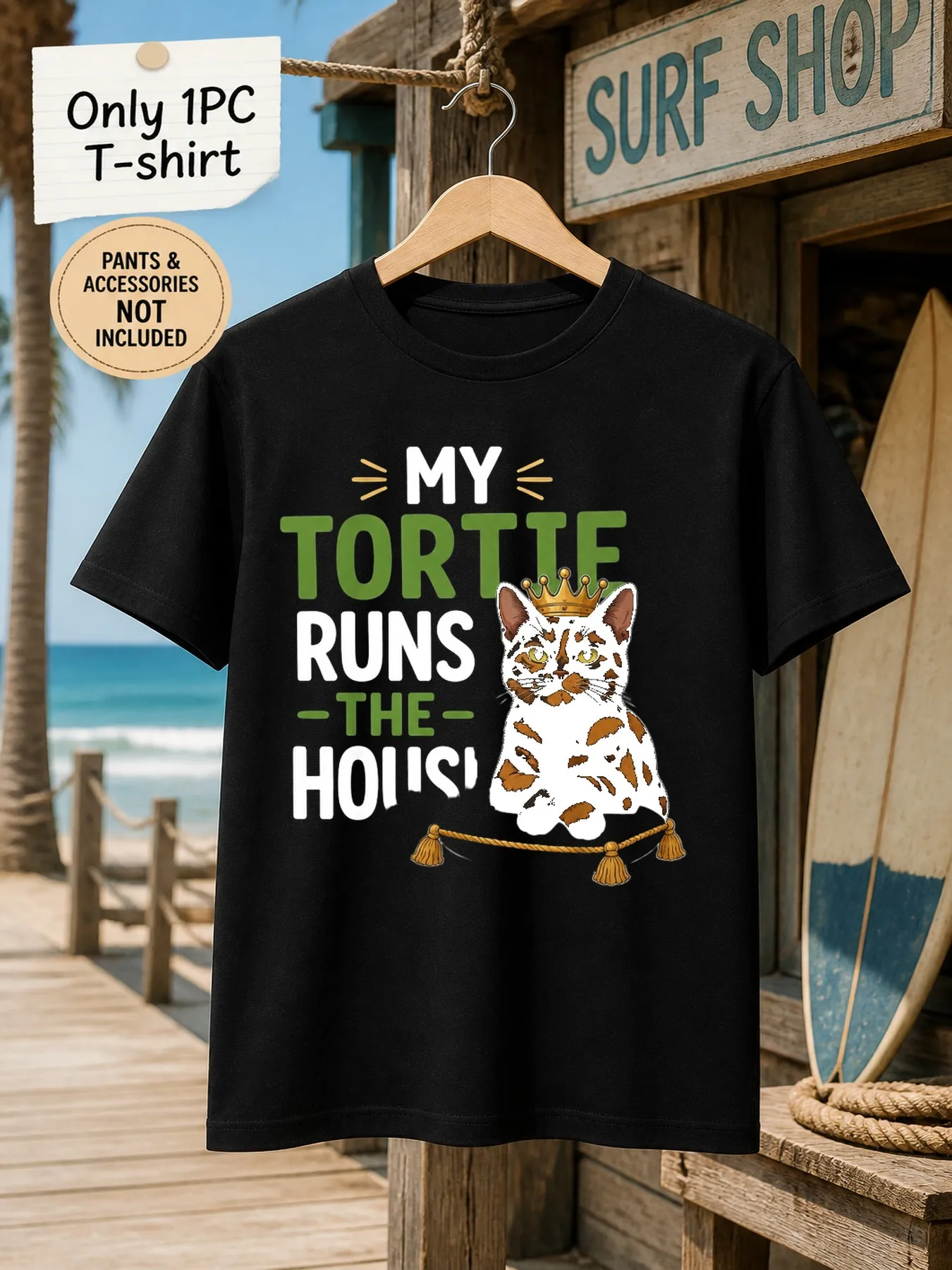 1pc Mens Graphic T Shirt Funny Tortie Cat Print My Tortie Runs The House Short Sleeve Crew Neck[solely 1pc T-SHIRT]