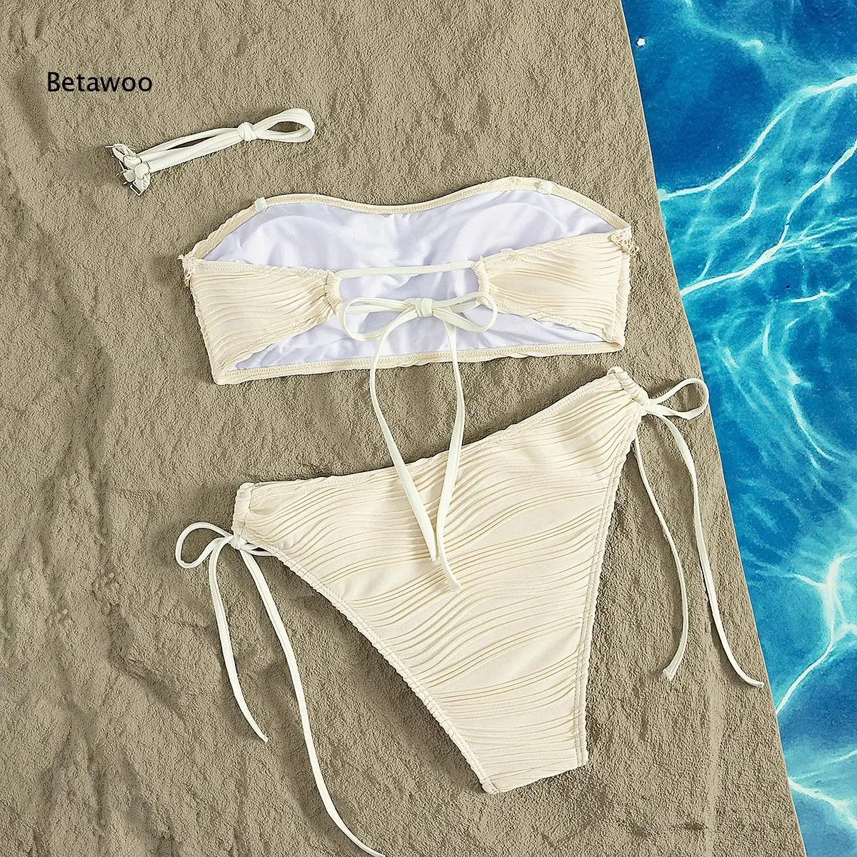 Solid Beige Wave Fabric Shell Starfish Detail Strapless High Cut Bikini Set