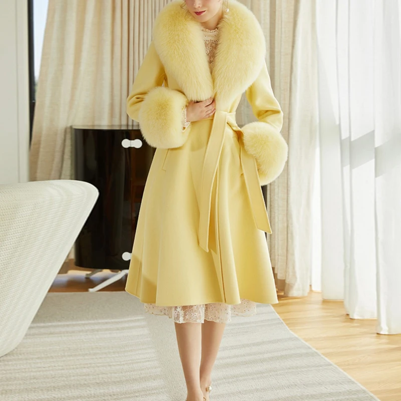 

Natural Fox Fur Patchwork Wool Coat for Women Chic Long Sleeve V-neck Belt Mid-length Overcoat Winter Cashmere Commute Outwear