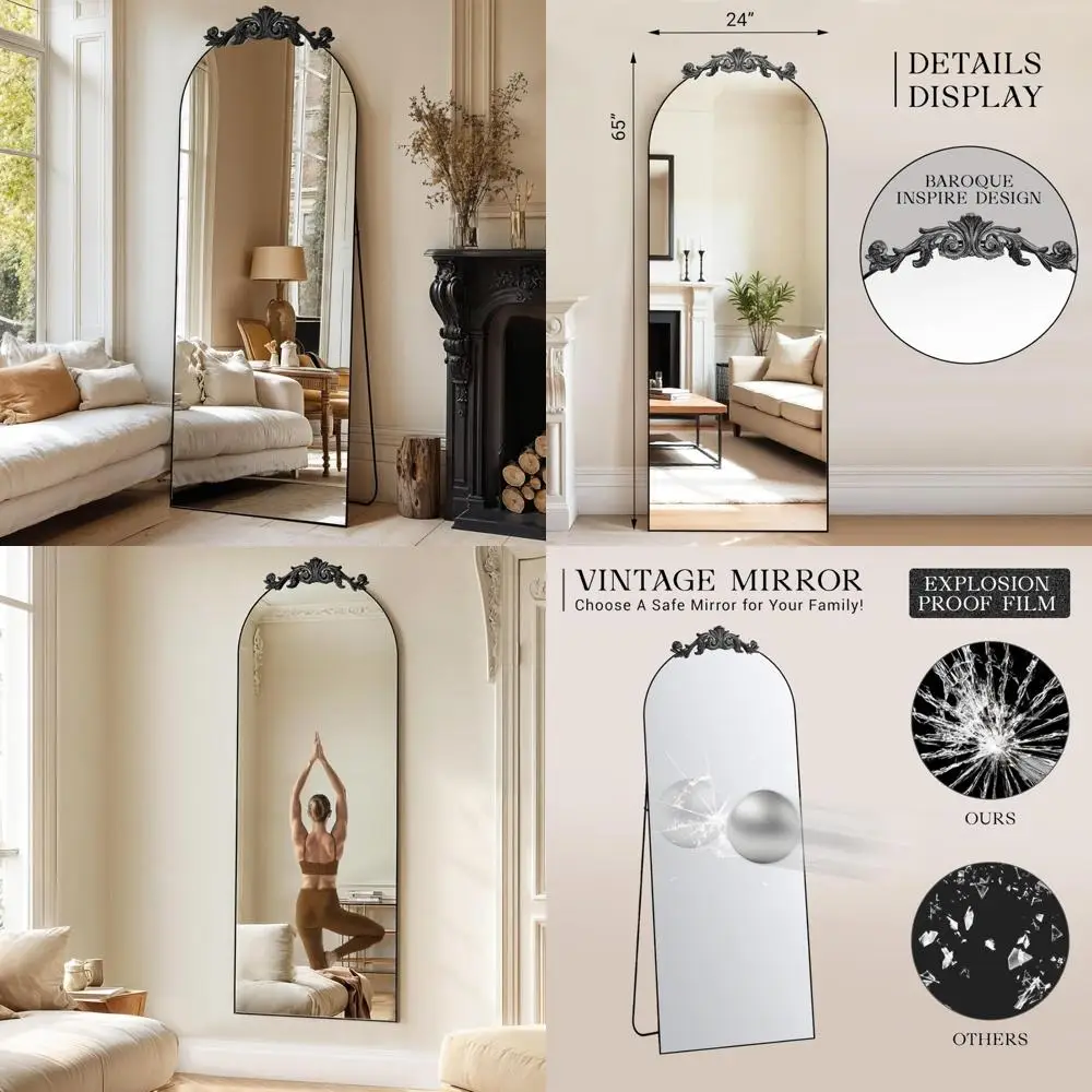 Espelho de comprimento total com arco grande estilo barroco vintage, 65x24 independente com tampo esculpido, acabamento antigo, estrutura totalmente de metal, Ful