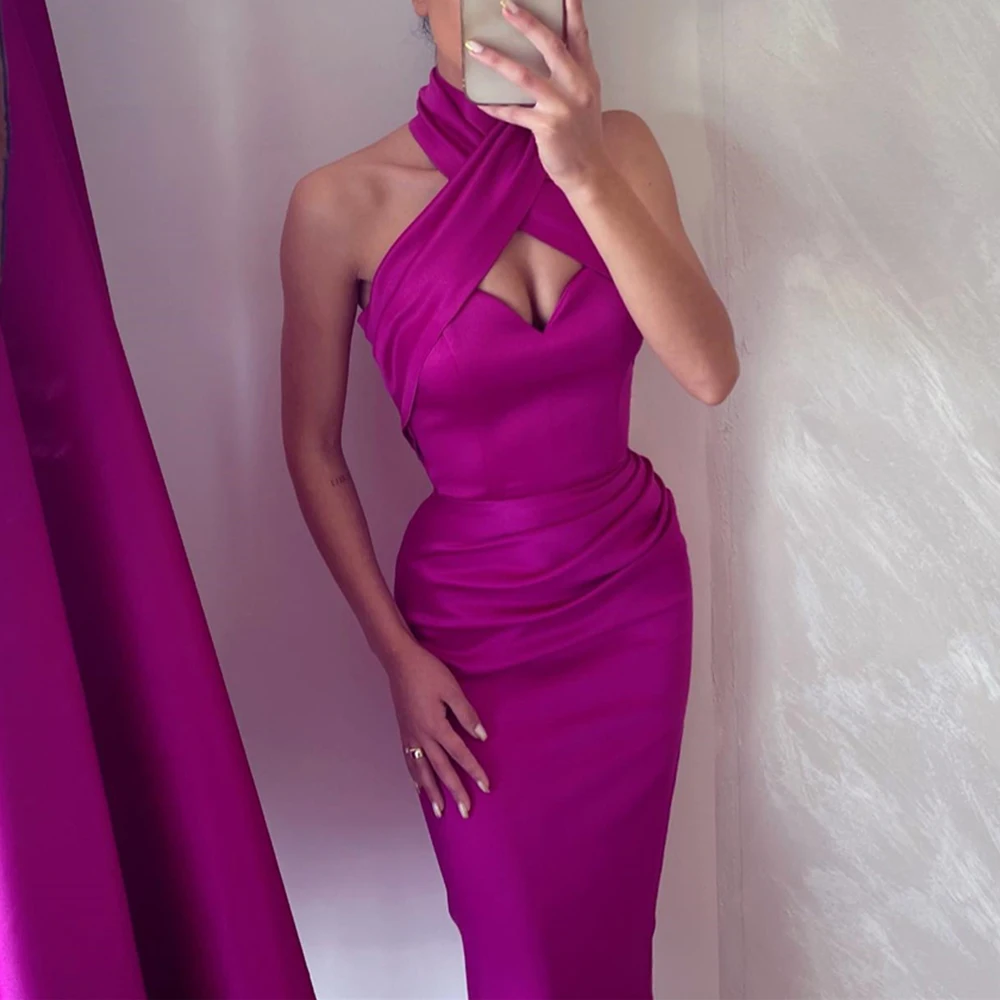 Customized Elegant Halter Sweetheart Pleats Evening Dresses Temperament Sheath Satin Purple Party Gowns فساتين سهره نسائيه فخمة