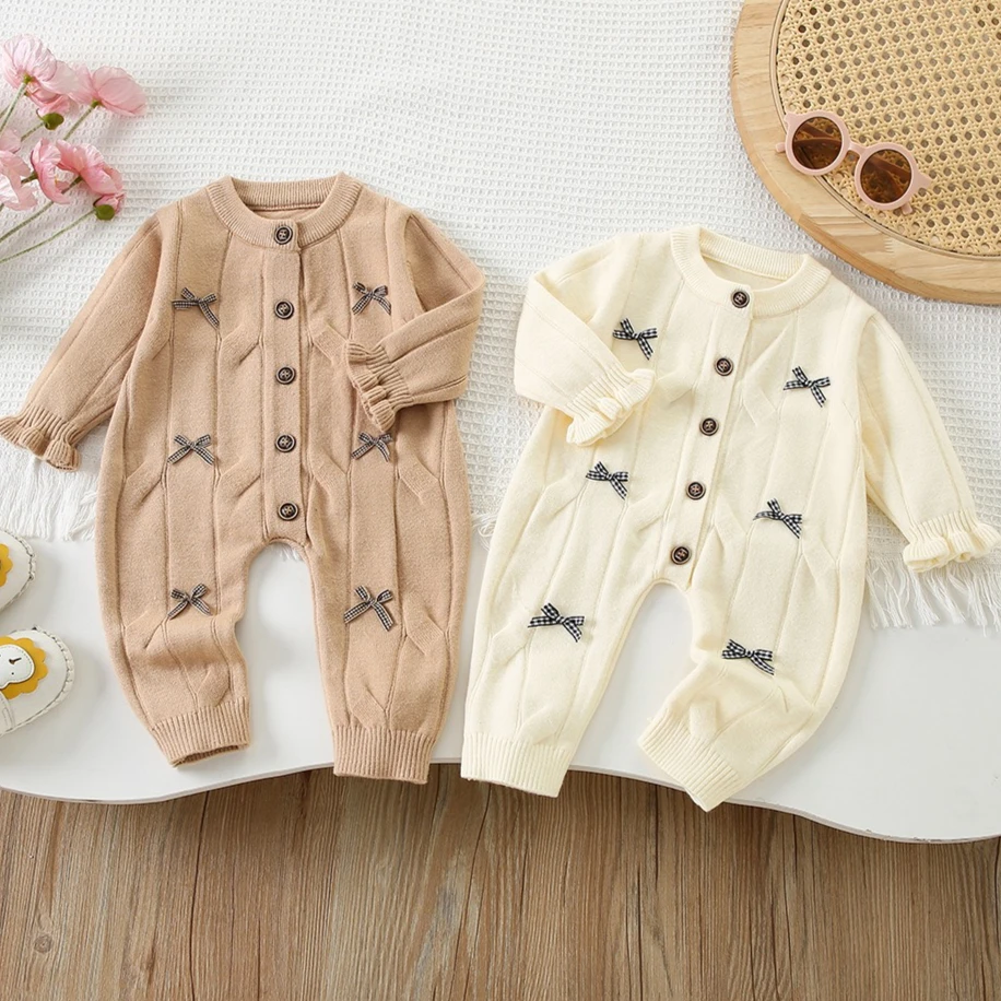 Girls' Onesie 2026 Autumn and Winter New Children's Wear Korean Style 3-24 Months Baby Solid Color Small Bow Knit Onesie