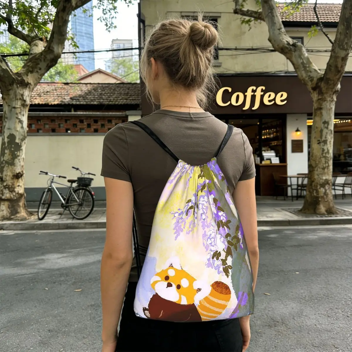 Cute Cartoon Panda Red Raccoon Pattern Backpacks Portable Drawstring Bags Sundries Bag Book Bags for Man Woman Students