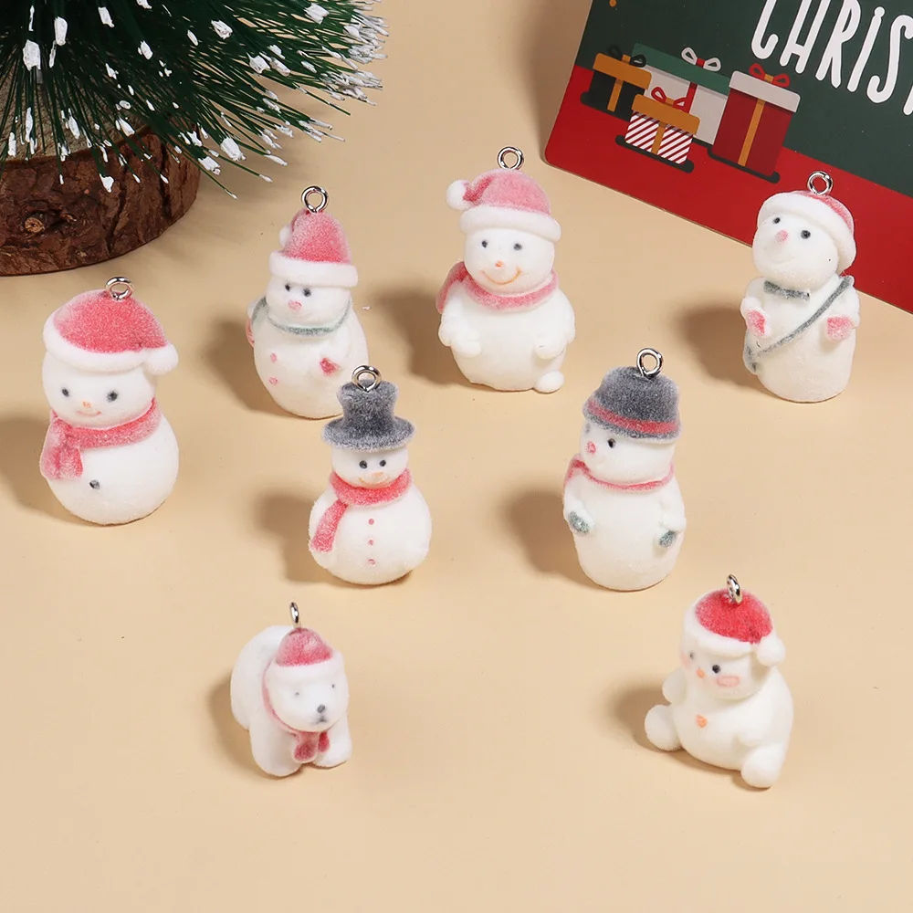 30Pcs 3D Mini Cute Flocking Snowman Christmas Charms Cartoon Animal Plush Doll Pendant Phone Keychain Earrings DlY Jewelry Make