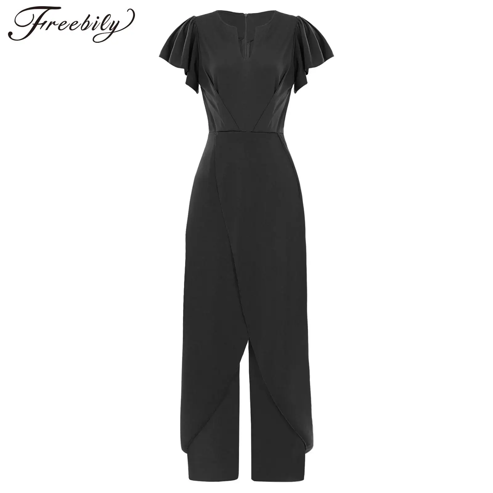 Elegant Women Solid Color Jumpsuit Short Sleeve V-neck Wide-leg Jumpsuits for Party Wedding Cocktail Formal Occasions Bodysuit