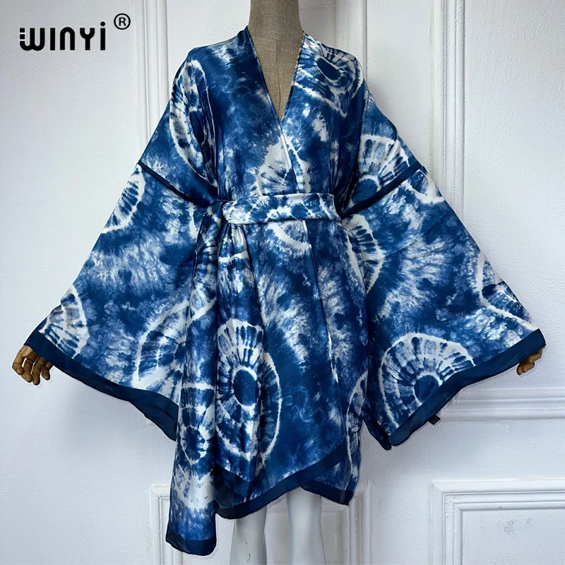 WINYI-quimono estampado com cinto para mulheres, vestido africano boho, moda praia, casaco elegante, roupas sexy de férias, cobertura