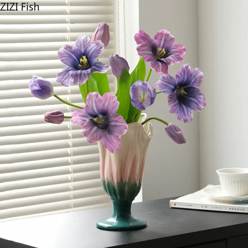 Pink Green Gradient Ceramic Vase Petal-like Rim Flower Pot Artificial Flowers Decorative Floral Arrangement Room Aesthetic Decor