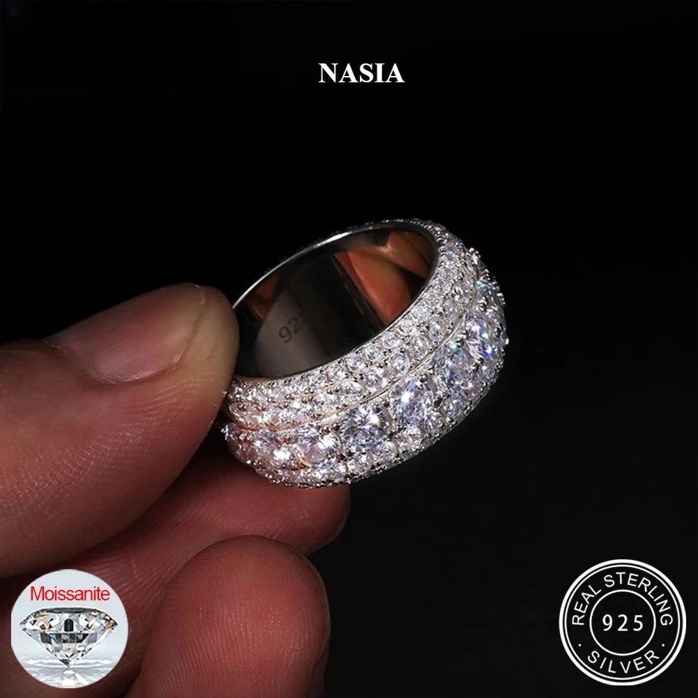 NASIA VVS1 3 Row 11mm Width Moissanite Ring in S925 Silver Ring Hip Hop Jewelry Pave Setting Certificate Fine Jewlery Gift 2026
