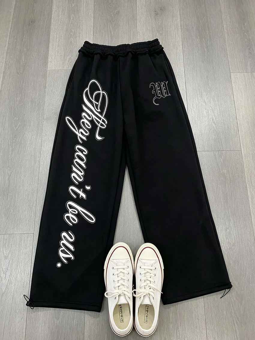 Hip Hop Two-Way Wear Sweatpants Women Ruffle Waist Goth Cursive Letter Print Drawstring Cuff Loose Wide Leg Daily Street Trouser