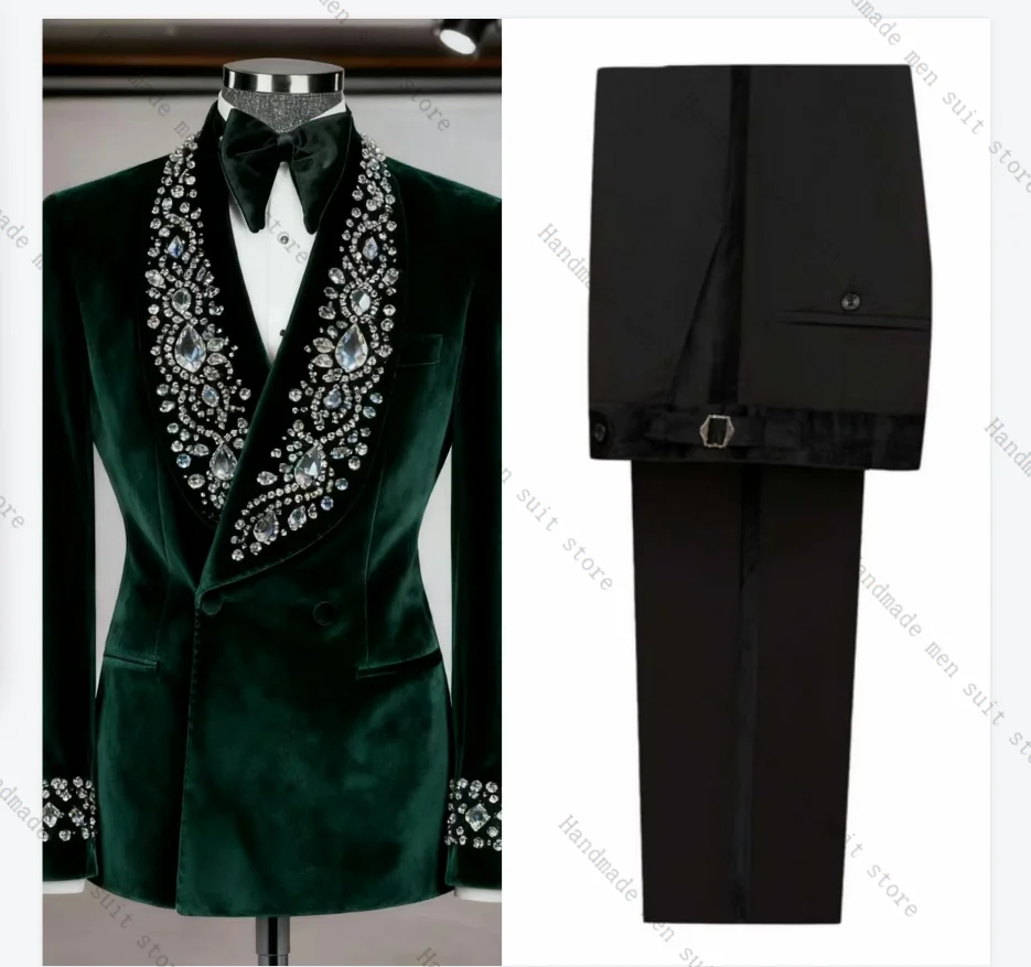 

Green Crystals Men Suit Set 2 Piece Velvet Blazer+Cotton Pants Wedding Tuxedos Coat Customized Formal Office Business Jacket