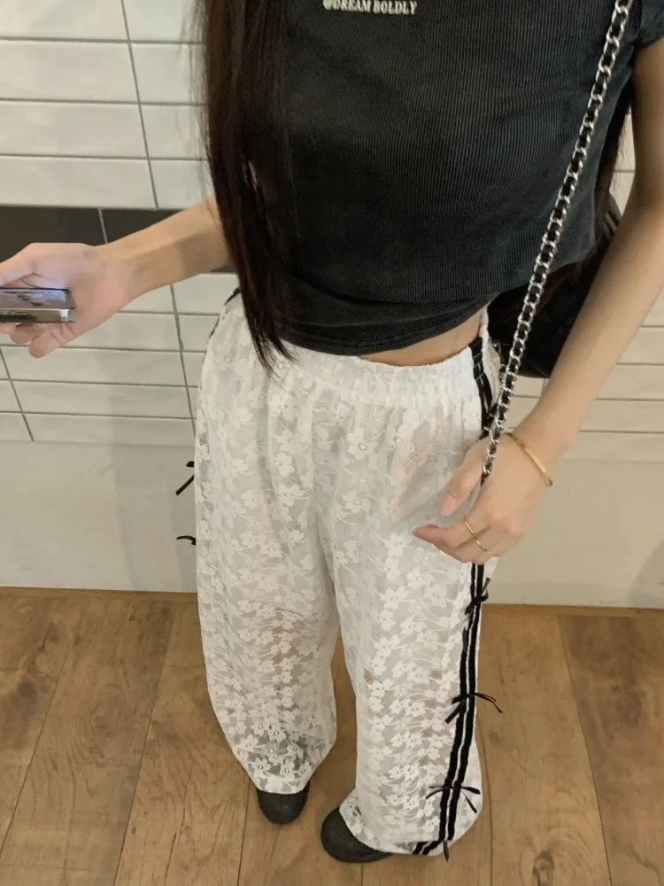 HOUZHOU Korean Style Baggy Lace Pants Women Sexy See Through Trousers Coquette Aesthetic Bow Wide Leg Pants Casual Sweet Fairy