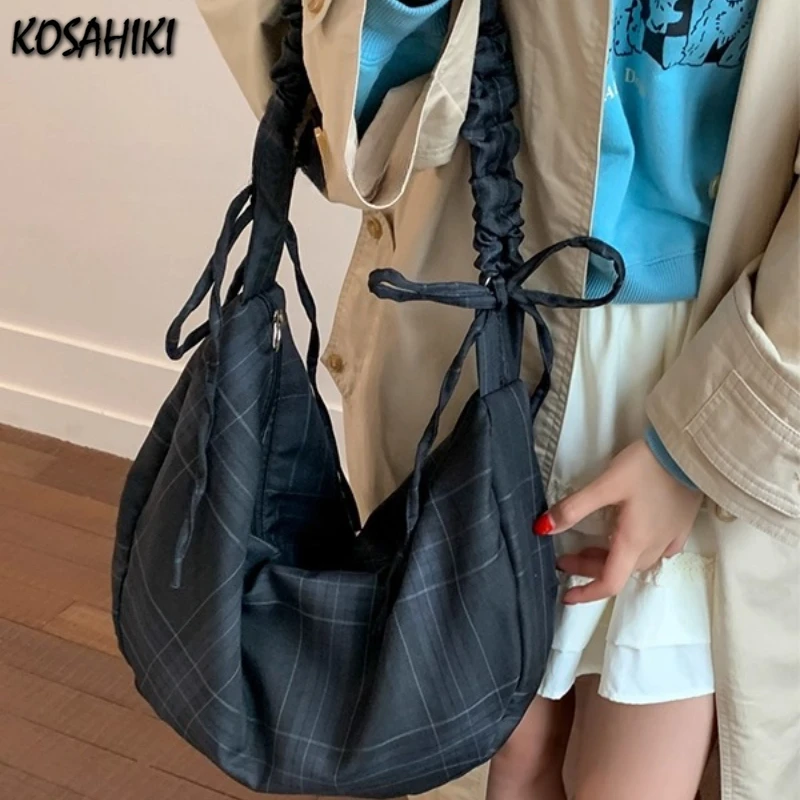 

Preppy Plaid Pleated Bow Women's Handbags Y2k Aesthetic Fashion All Match Shoulder Bag Trendy Casual Crossbody Bags Streetwear