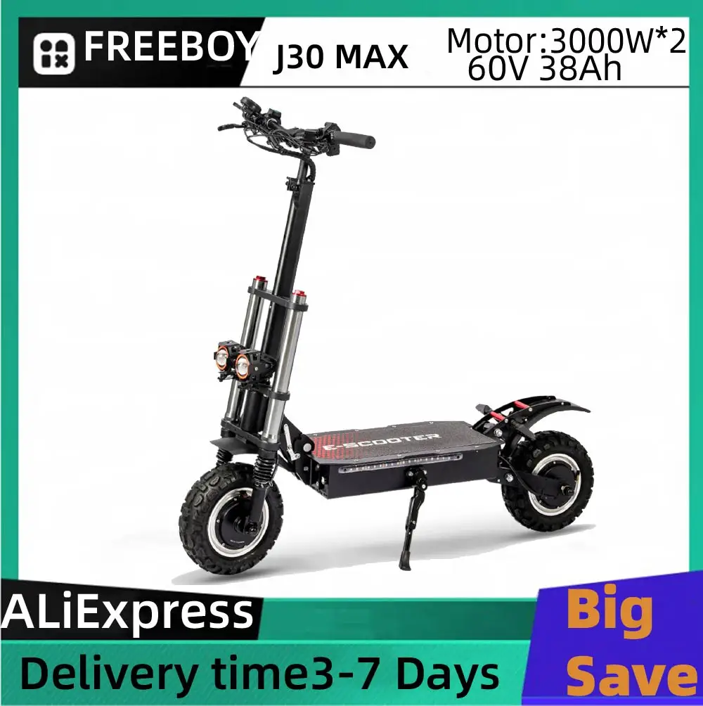 

FREEBOY J30 MAX Электрический самокат для взрослых 3000 Вт * 2 двигателя 60 В 38 Ач аккумулятор складной электронный самокат 11-дюймовый электронный самокат с толстыми шинами