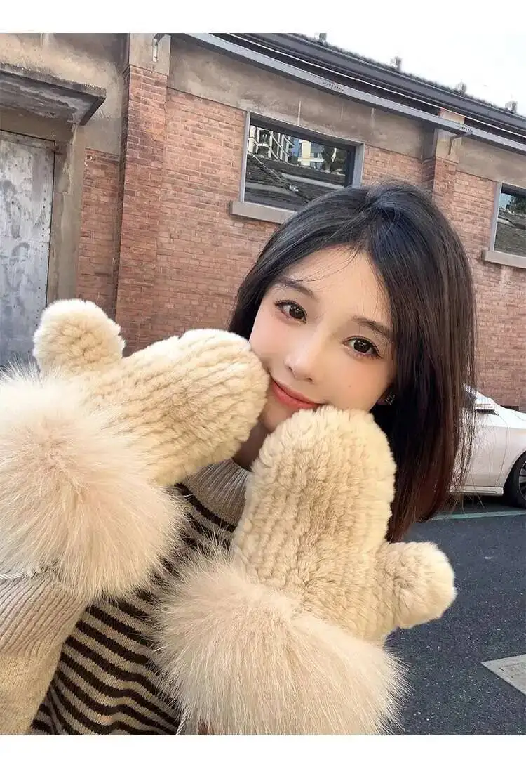 Real Rex Rabbit Fur Gloves For Women Winter Plush Thickened Warm Real Fur Gloves Handmade Knitted Fur Gloves Keep Warm Mittens