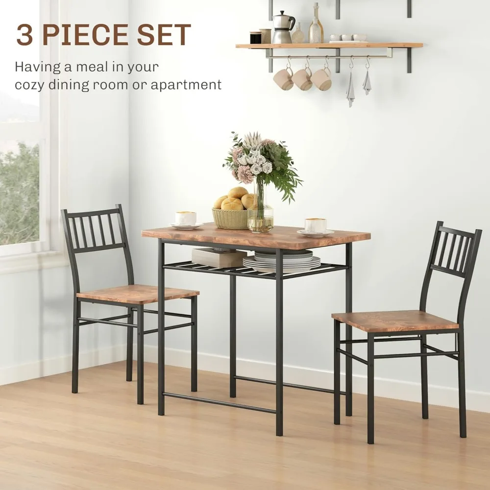 3-Piece Dining Table Set for 2, Small Kitchen Table and Chairs with Built-in Storage Rack and Steel Frame, for Breakfast Nook