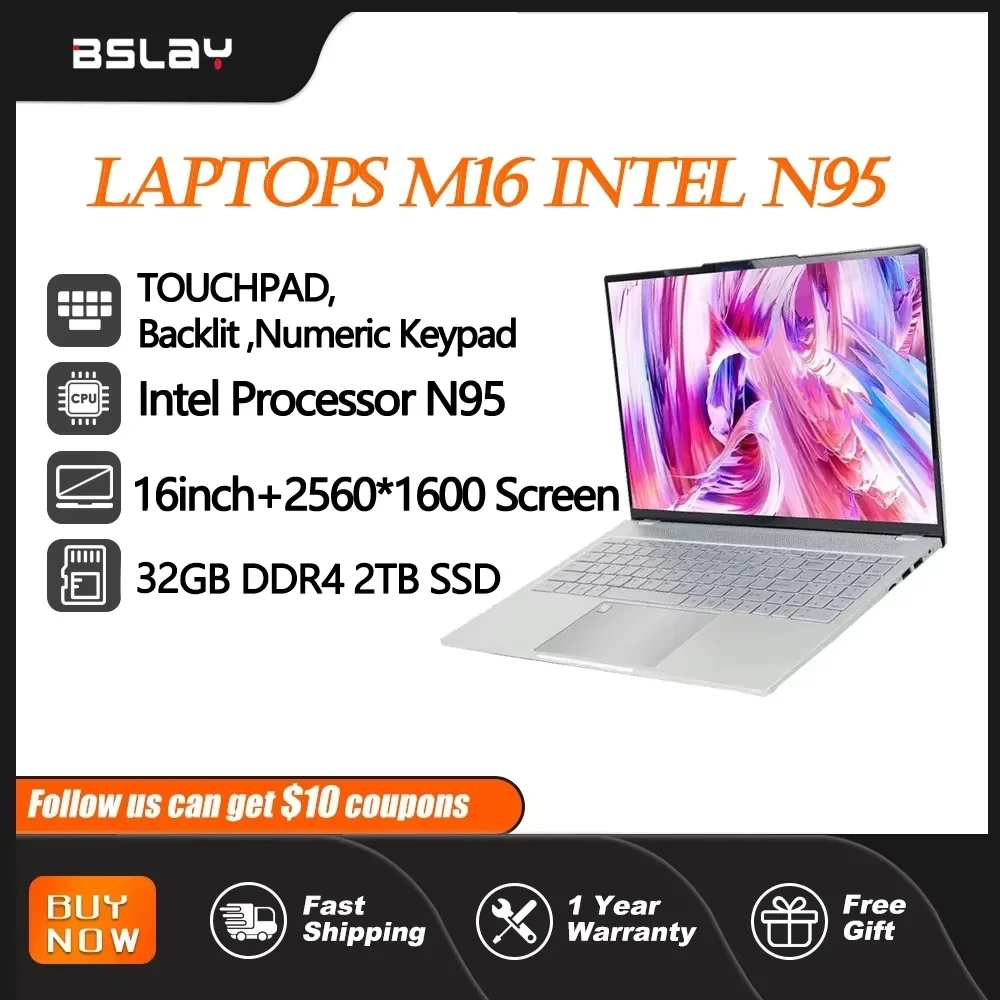 Laptop 16inch M16 N95 DDR4 12GB RAM 2TB SSD Backlit Keypad 0.5s Fingerprint Recognition Window 11 HD Camera Portables Computer