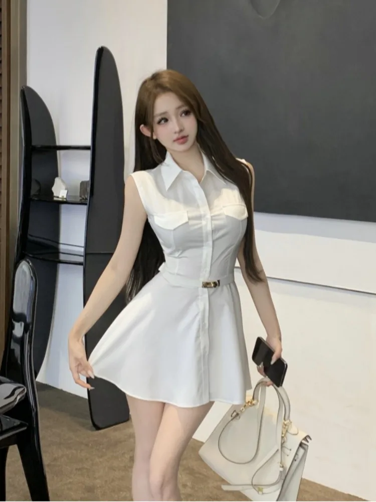 

Korean Style Sexy Collar Shirt Dress Women's Waist-Cinching Bodycon Pure Desire Sexy Sleeveless Dress High Waist Chiffon...