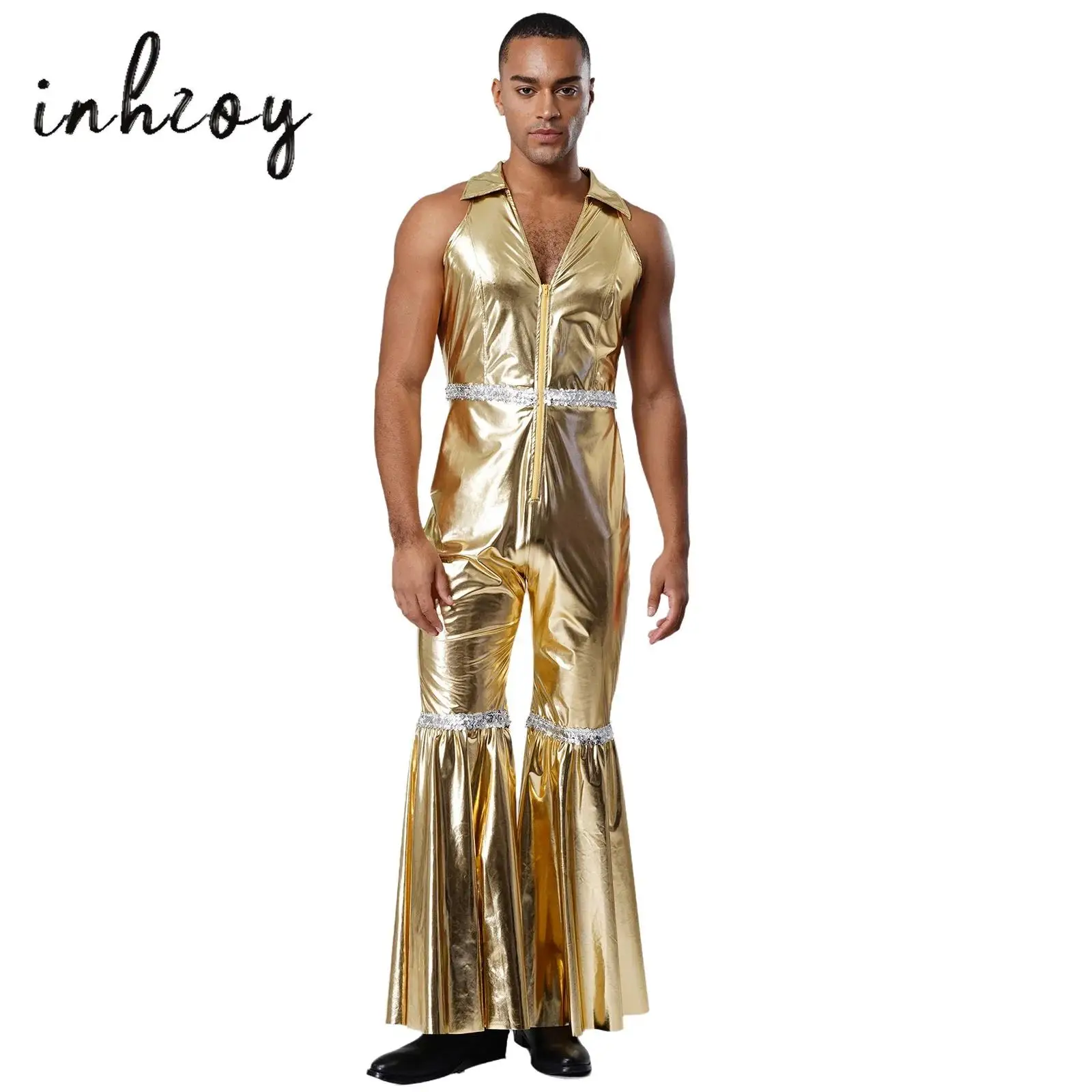 

Men's 80s Disco Rompers Lapel V Neck Sleeveless Front Zipper Sequins Bell Bottom Long Pants Jumpsuit for Retro Party Jazz Dance