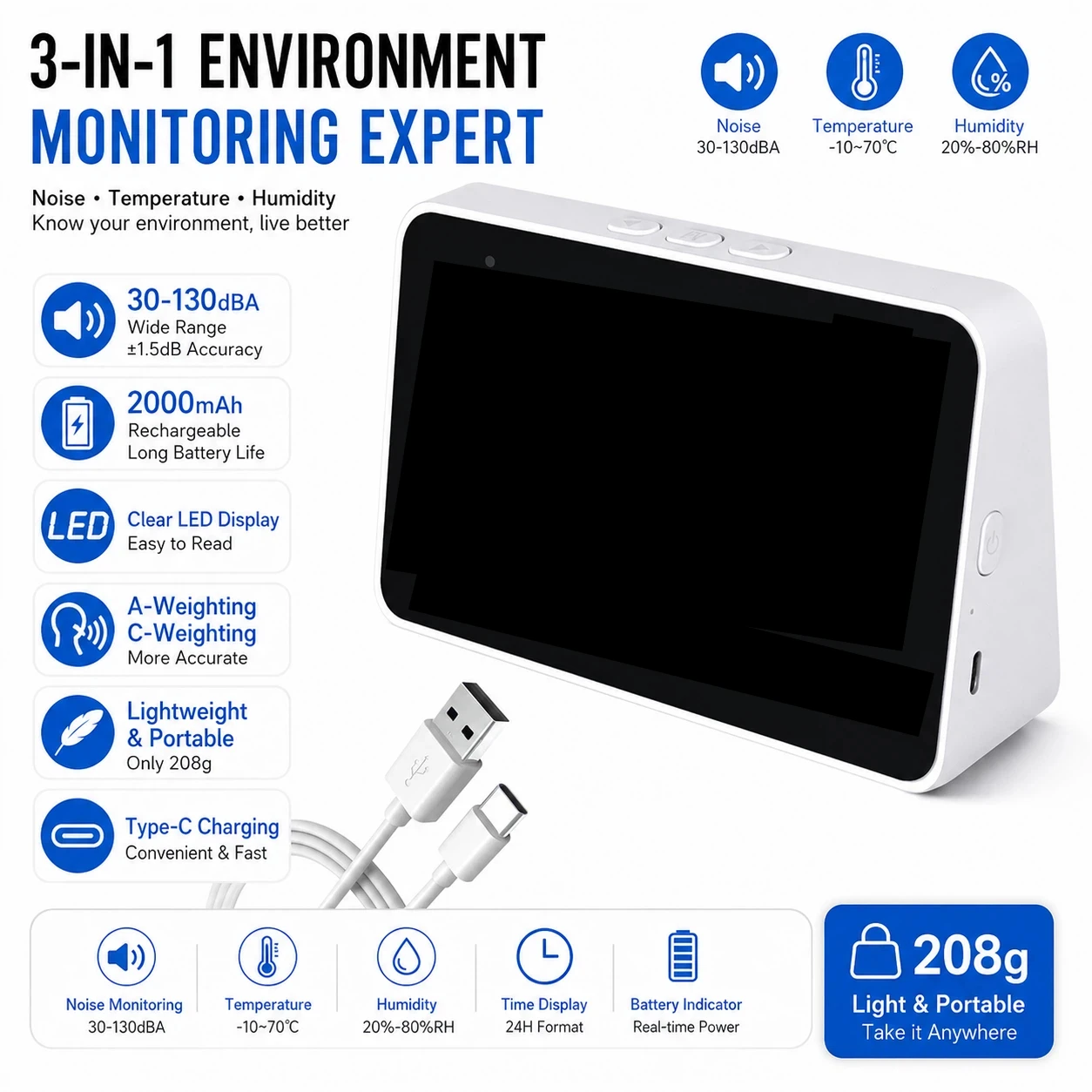 Sound Level Meter 30-130dBA Noise Tester Thermometer Hygrometer Type-C Rechargeable for Home Office School