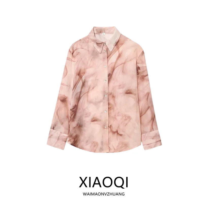 เสื้อผ้าผู้หญิงฤดูใบไม้ร่วง 2025 เสื้อแขนยาวผ้าเรยอนผสมใยไผ่พิมพ์ลายย้อมสี น้ำหนักเบา ทรงหลวม สไตล์ยุโรป เนื้อผ้าบางเบา สำหรับสาวๆ