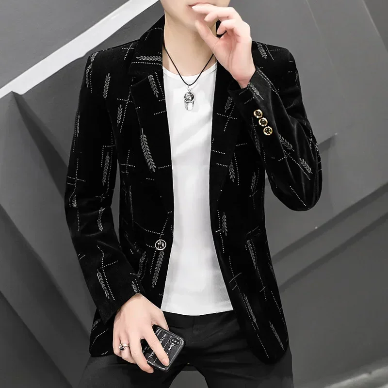 M-5XL New Corduroy Men Blazer Youth Slim Fit Business Casual Formal Small Suit Jacket Wear Personalized Printing Single Coat