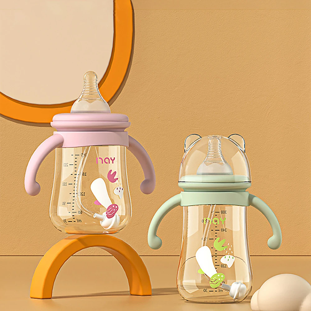 Baby Bottle with Handles, Anti-Colic System Drop-Resistant, Wide Neck Clear Marks, Baby Self-Feeding Training Cup